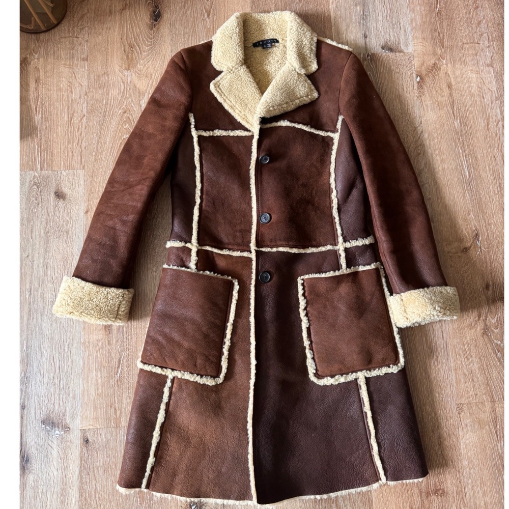 Theory Neil Brown Genuine Leather Shearling‎ Coat Patchwork Long Jacket Womens S